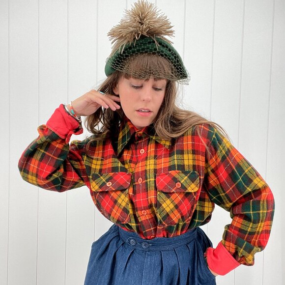 Vintage 70s Kohls Holiday Xmas Wool Plaid Button Down Shirt Dagger Collar | L/XL - Picture 1 of 16